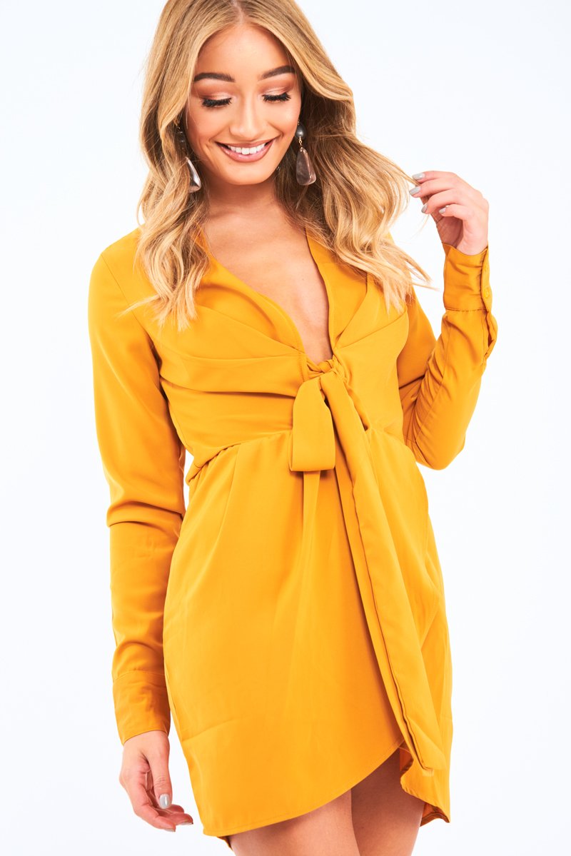 Mustard Tie Front Plunge Wrap Shirt Dress - Bexlee-Dresses