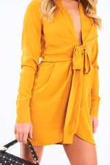 Mustard Tie Front Plunge Wrap Shirt Dress - Bexlee-Dresses