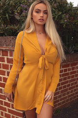 Mustard Tie Front Plunge Wrap Shirt Dress - Bexlee-Dresses