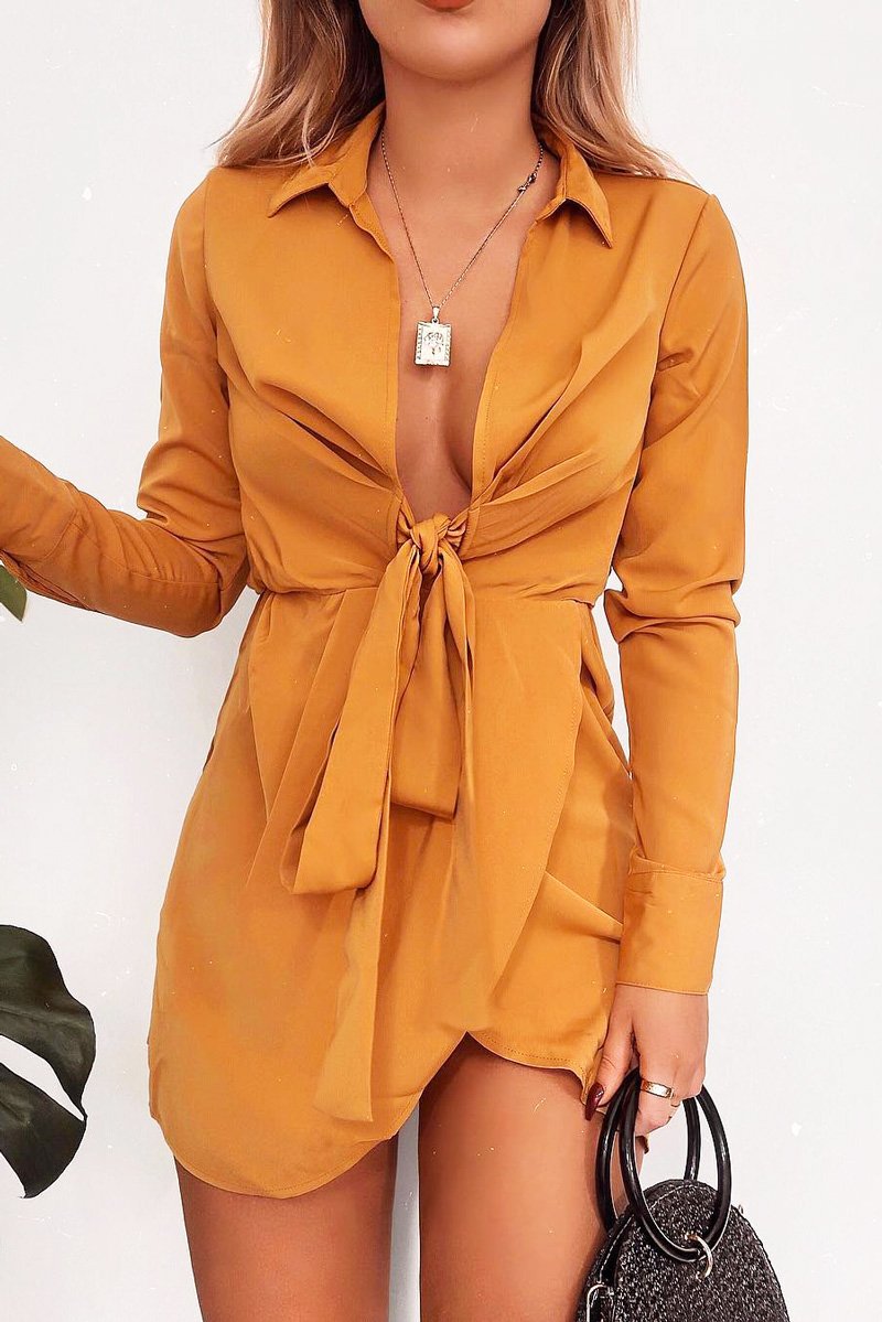 Mustard Tie Front Plunge Wrap Shirt Dress - Bexlee-Dresses
