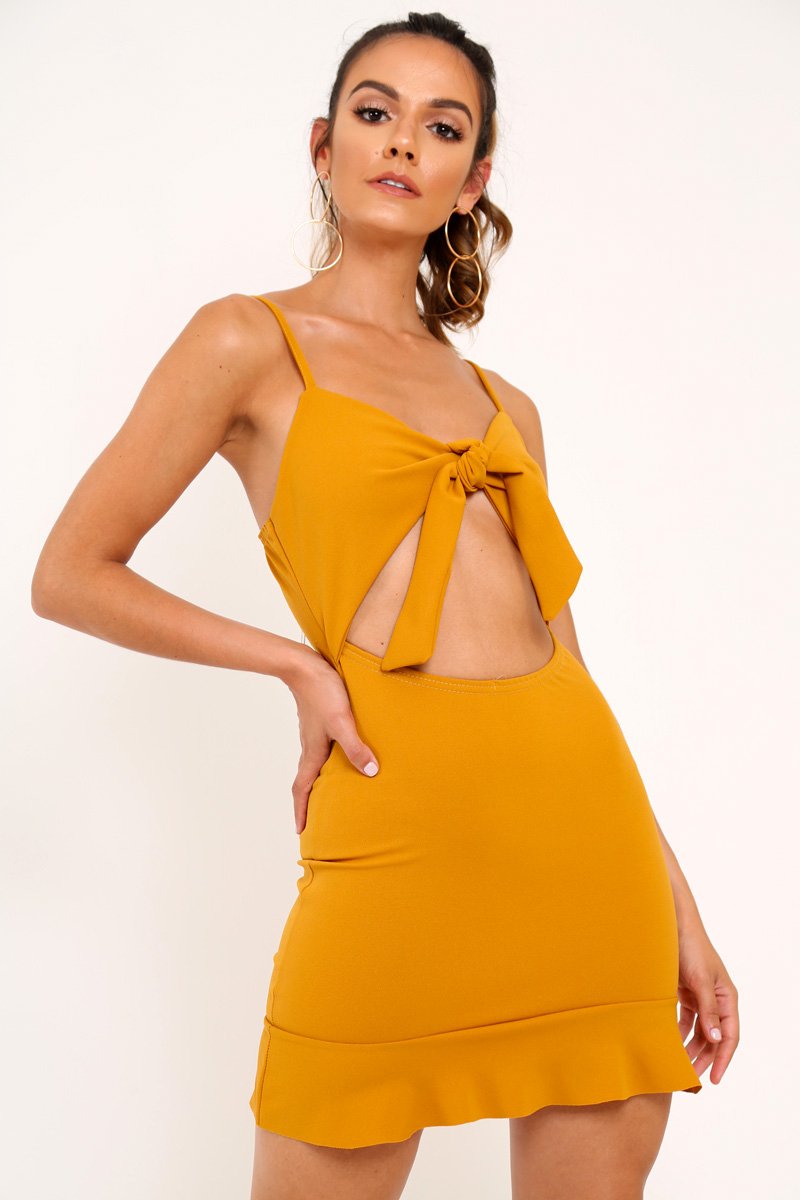 Mustard Tie Front Ruffle Hem Mini Dress - Darianna-Dresses