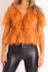 Mustard Tulle Ruffle Mesh Long Sleeve Tie Front Top - Abbi-Tops