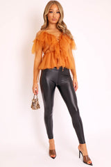 Mustard Tulle Ruffle Mesh Long Sleeve Tie Front Top - Abbi-Tops