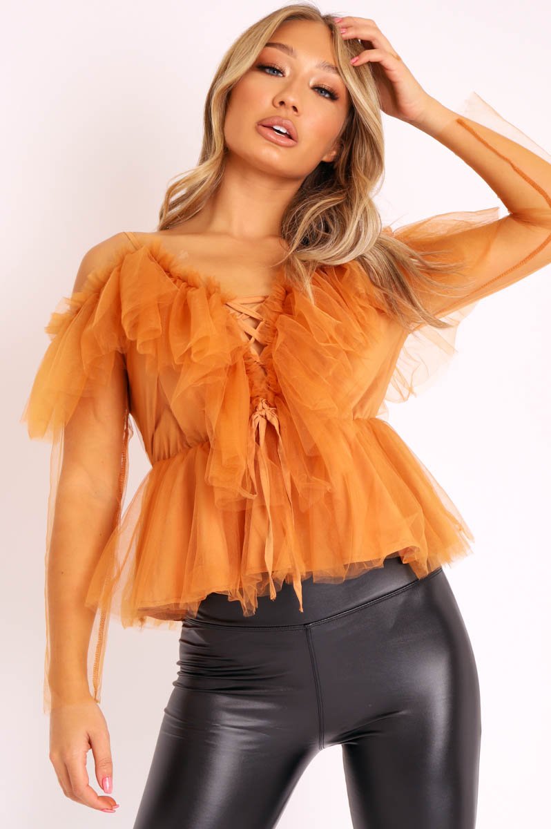 Mustard Tulle Ruffle Mesh Long Sleeve Tie Front Top - Abbi-Tops