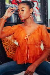 Mustard Tulle Ruffle Mesh Long Sleeve Tie Front Top - Abbi-Tops