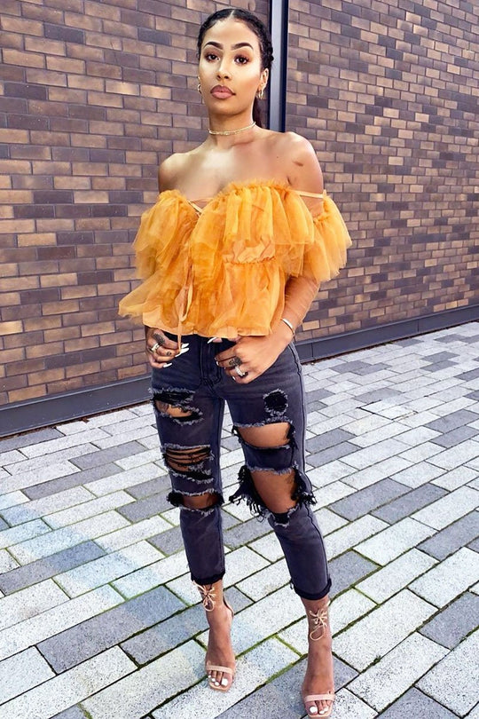 Mustard Tulle Ruffle Mesh Long Sleeve Tie Front Top - Abbi