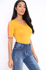 Mustard V Neck Tee with Contrast Sleeve Trim - Meryl-Tops