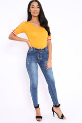 Mustard V Neck Tee with Contrast Sleeve Trim - Meryl-Tops
