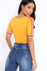 Mustard V Neck Tee with Contrast Sleeve Trim - Meryl-Tops