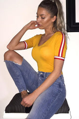 Mustard V Neck Tee with Contrast Sleeve Trim - Meryl-Tops