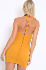 Mustard V Plunge Halterneck Mini Dress - Kara-Dresses
