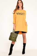 Mustard Vogue Slogan Oversized Jumper - Bray-Jumper