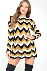 Mustard White Black Chevron Jumper Dress - Kalise-Knitwear