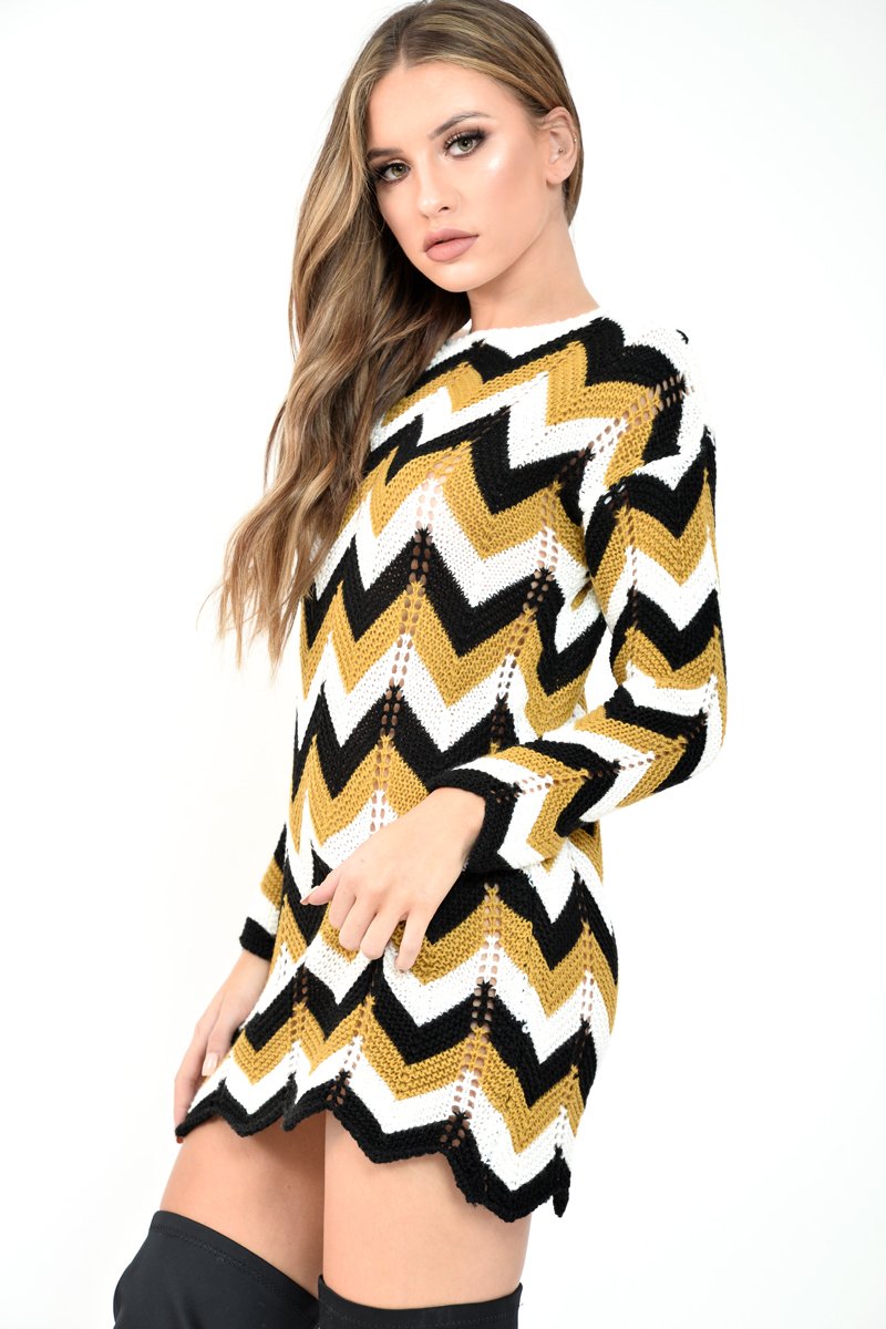 Mustard White Black Chevron Jumper Dress - Kalise-Knitwear