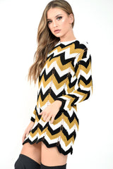 Mustard White Black Chevron Jumper Dress - Kalise-Knitwear
