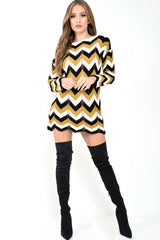 Mustard White Black Chevron Jumper Dress - Kalise-Knitwear