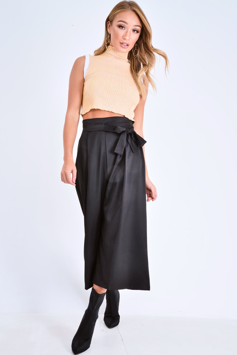 Mustard White Rib Funnel Neck Knit Top - Moriyah-Crop Tops