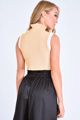 Mustard White Rib Funnel Neck Knit Top - Moriyah-Crop Tops