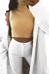 Mustard White Rib Funnel Neck Knit Top - Moriyah-Crop Tops