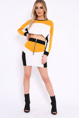 Mustard White and Black Colour Block Crop Top and Skirt Co-ord - Dyana-Co-ords