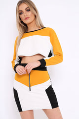 Mustard White and Black Colour Block Crop Top and Skirt Co-ord - Dyana-Co-ords