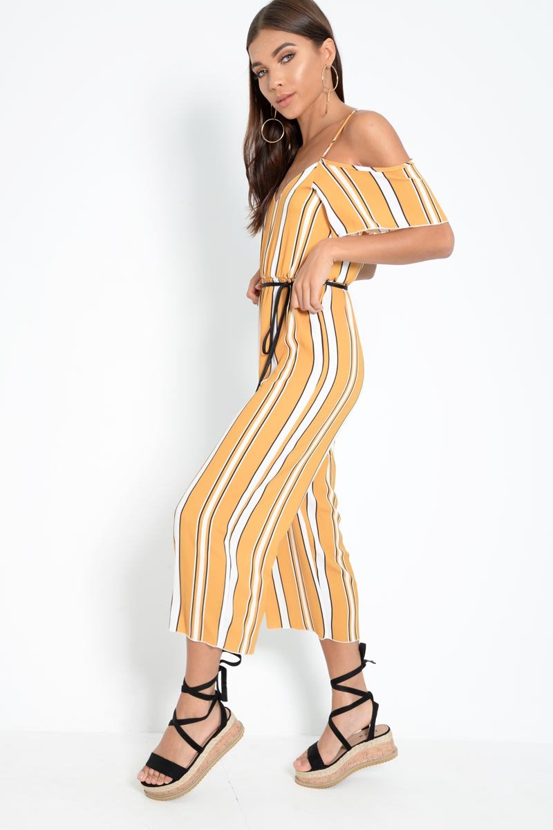 Mustard White and Black Stripe Bardot Jumpsuit - Bonita-Jumpsuits