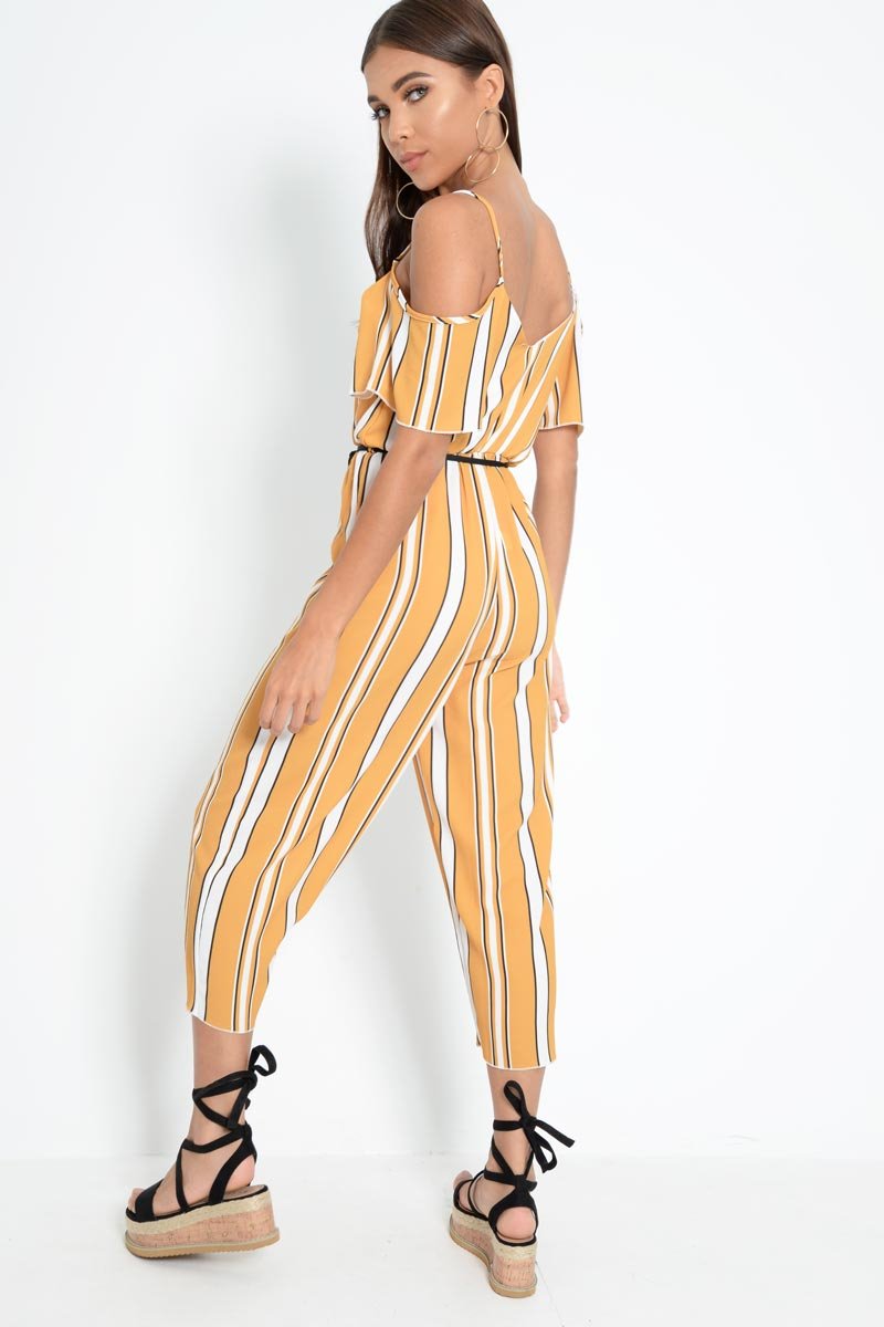 Mustard White and Black Stripe Bardot Jumpsuit - Bonita-Jumpsuits