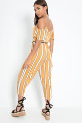 Mustard White and Black Stripe Bardot Jumpsuit - Bonita-Jumpsuits