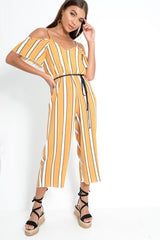 Mustard White and Black Stripe Bardot Jumpsuit - Bonita-Jumpsuits