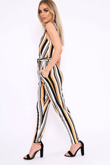 Mustard White and Black Stripe Plunge Jumpsuit - Koen-Jumpsuits