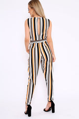 Mustard White and Black Stripe Plunge Jumpsuit - Koen-Jumpsuits