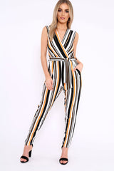 Mustard White and Black Stripe Plunge Jumpsuit - Koen-Jumpsuits