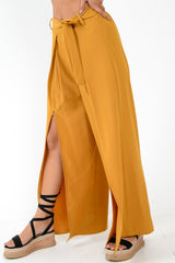 Mustard Wide Leg Belted Split Front Trousers - Aamira-Trousers