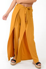 Mustard Wide Leg Belted Split Front Trousers - Aamira-Trousers