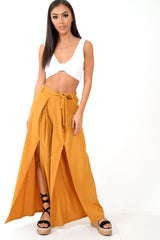 Mustard Wide Leg Belted Split Front Trousers - Aamira-Trousers