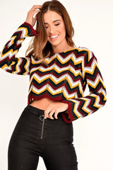 Mustard Wine Chevron Knit Crop Jumper - Stevi-Crop Jumper