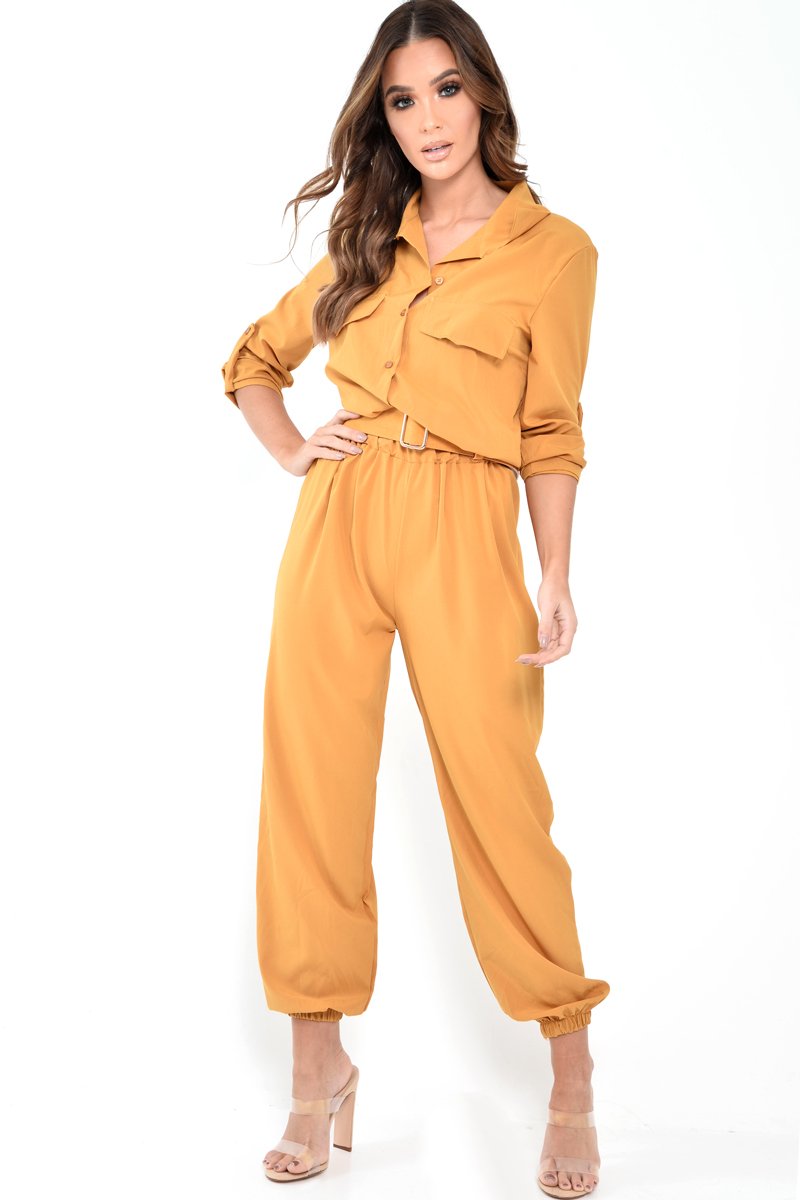 Mustard Woven Button Down Boiler Jumpsuit - Janise-Jumpsuits