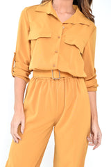 Mustard Woven Button Down Boiler Jumpsuit - Janise-Jumpsuits