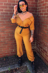 Mustard Woven Button Down Boiler Jumpsuit - Janise-Jumpsuits