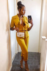 Mustard Woven Button Down Boiler Jumpsuit - Janise-Jumpsuits