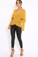 Mustard Wrap Front Cable Knit Jumper - Melia-Jumper