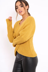Mustard Wrap Front Cable Knit Jumper - Melia-Jumper