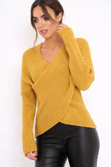Mustard Wrap Front Cable Knit Jumper - Melia-Jumper