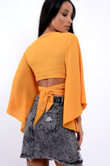Mustard Wrap Tie Crop Blouse - Kay-Tops