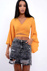 Mustard Wrap Tie Crop Blouse - Kay-Tops