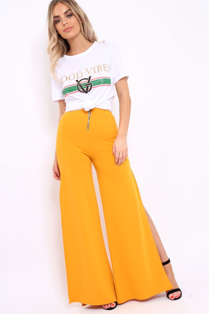 Mustard Zip Front High Waisted Flare Trousers - Gerta-Trousers