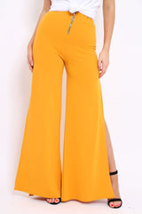 Mustard Zip Front High Waisted Flare Trousers - Gerta-Trousers
