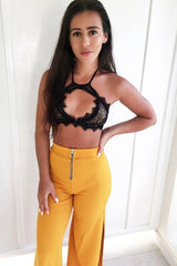 Mustard Zip Front High Waisted Flare Trousers - Gerta-Trousers