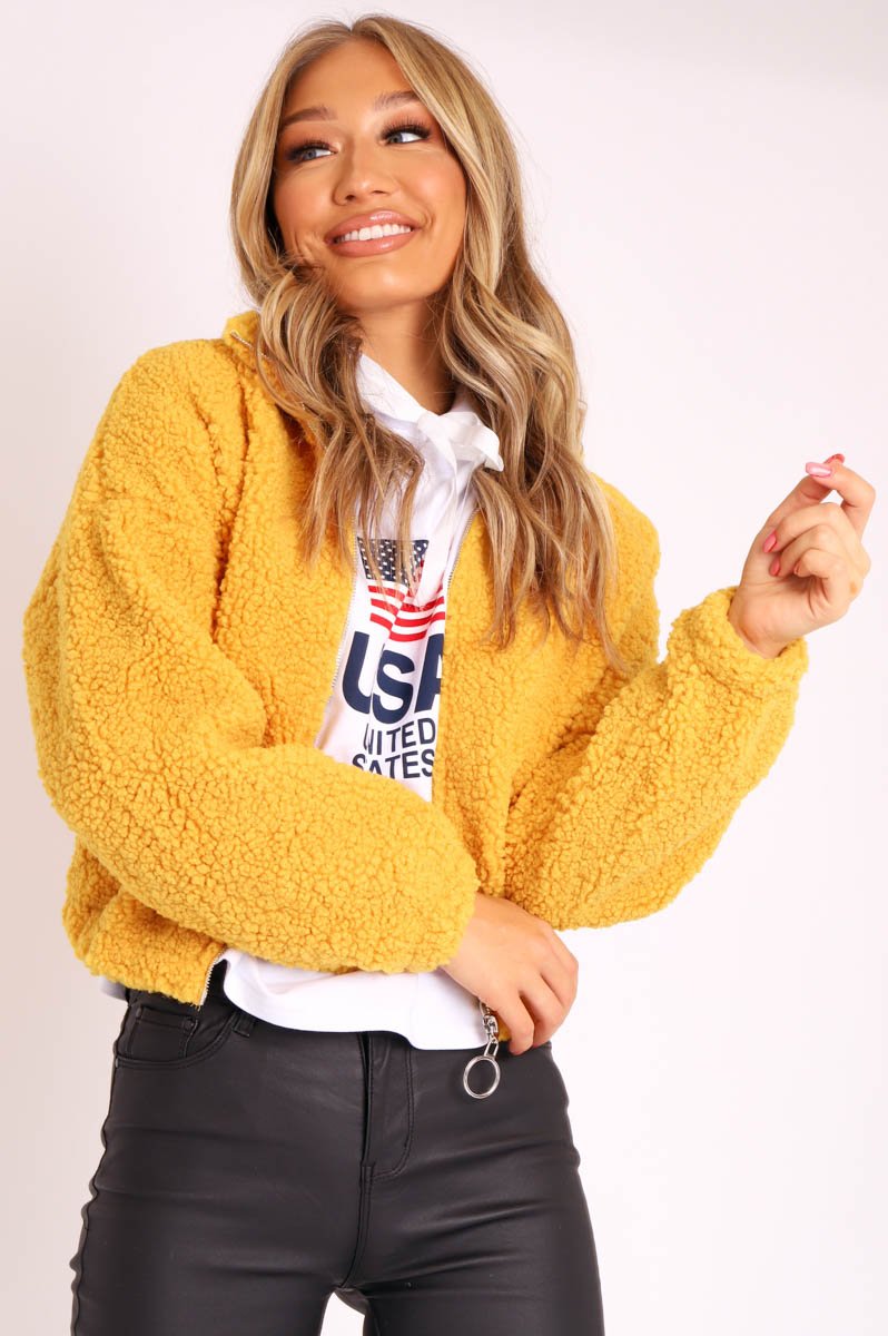 Mustard Zip Front Teddy Jacket - Elena-Jackets