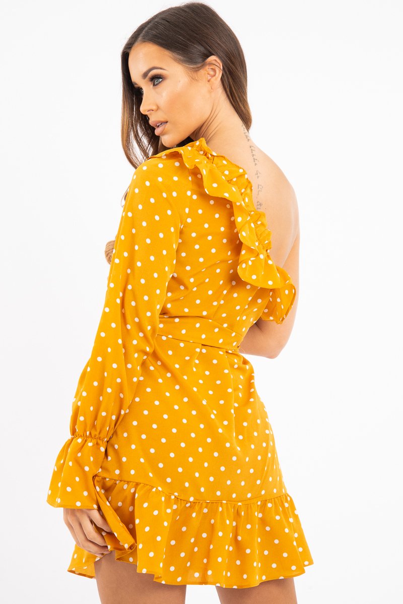 Mustard and White Polka Dot One Shoulder Frill Dress - Zyann-Dresses